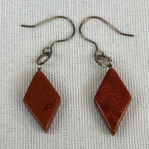 Goldstone Diamond Shaped Drop Earrings Silver Hooks Brown Sparkly - Picture 5 of 7